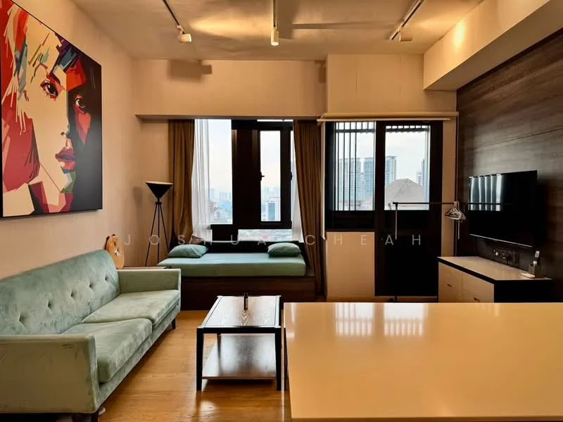 Living features: green fabric sofa, wood coffee table, wall-mounted TV, wooden console, floor-to-ceiling windows, curtains, artwork on wall, wood panel accent wall, light fixtures on ceiling, laminate flooring; style: modern; view: city. Room features: single bed, green bedding, window with blinds.