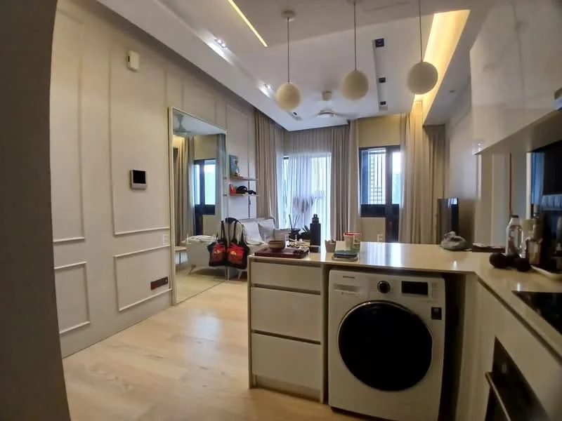 Kitchen features: white painted walls, wooden flooring, recessed downlights, 3 pendant lights, kitchen island with seating, built-in oven, stainless-steel sink, front-load washing machine, glass backsplash, open shelving, microwave, refrigerator; style: modern. Living features: sofa, coffee table, floor-to-ceiling windows, curtains, decorative items on shelves; style: modern.