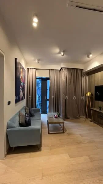 Living features: light wood flooring, grey fabric sofa, decorative cushions, wooden coffee table, wall-mounted TV, built-in cabinetry, recessed ceiling lights, floor-to-ceiling curtains, sliding glass door, wall art, air conditioning unit; style: modern.