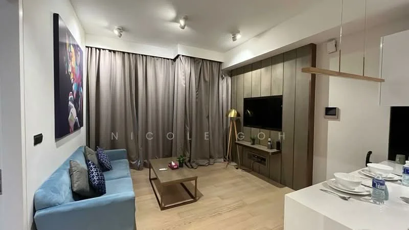 Living features: light blue fabric sofa, wooden coffee table, wall-mounted TV, TV console, gold floor lamp, grey curtains, wood panel accent wall, recessed ceiling lights, light wood flooring, decorative wall art; style: modern.