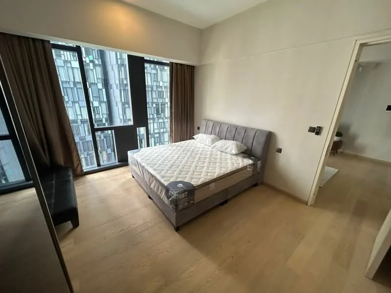 Bedroom features: king-size bed, upholstered headboard, floor-to-ceiling windows, brown curtains, wooden flooring, wall-mounted light switches, minimalist decor, black bench, neutral wall color; style: modern; view: city.