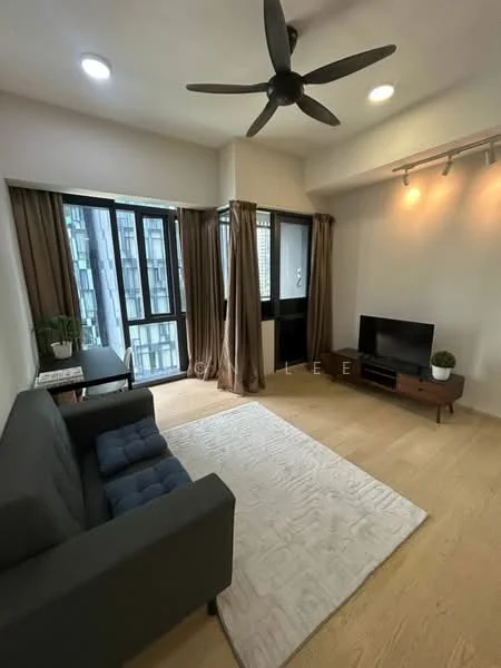 Living features: grey fabric sofa, coffee table, wall-mounted TV, TV console, area rug, floor-to-ceiling windows, sheer curtains, recessed downlights, 5-blade ceiling fan, light wood flooring, decorative plant; style: modern; view: city.