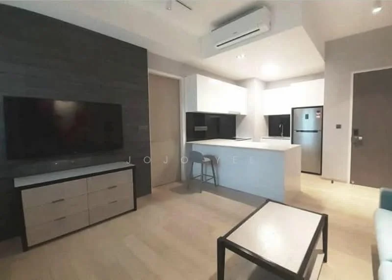 Living features: light wood flooring, grey accent wall, white painted walls, ceiling-mounted air conditioning unit, wall-mounted TV, black TV console, coffee table, kitchen island with seating, stainless-steel fridge, built-in cabinets, recessed lighting; style: modern.