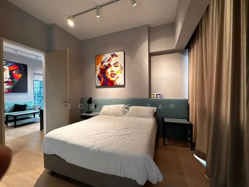 Bedroom features: queen-size bed with white bedding, upholstered headboard, nightstand with drawer, framed artwork on wall, recessed ceiling lights, wooden flooring, floor-to-ceiling curtains, wall-mounted artwork, decorative photo frame on nightstand; style: modern.