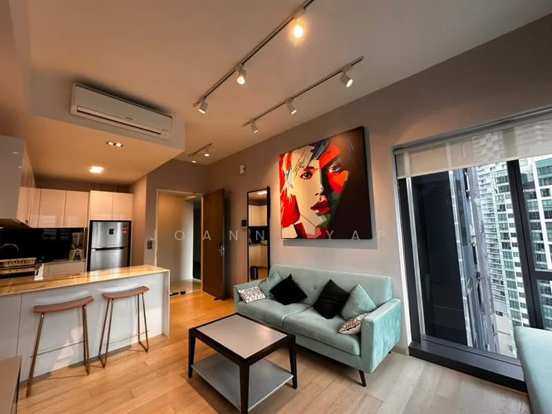 Living features: light wood flooring, grey painted walls, recessed LED downlights, 5-blade ceiling fan, floor-to-ceiling windows, sliding glass door, framed artwork, sofa in light blue fabric, coffee table in dark wood, TV console, wall-mounted TV, kitchen island with bar stools, stainless-steel fridge, built-in oven, microwave; style: modern; view: city.