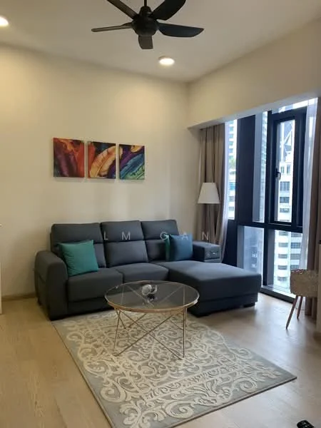Living features: 3-seater fabric sofa in grey, light blue accent cushions, glass coffee table with gold frame, area rug with intricate pattern, floor-to-ceiling windows, sheer curtains, ceiling fan with 3 blades, wall-mounted artwork with colorful abstract design, lampshade floor lamp, wooden flooring; style: modern; view: city.