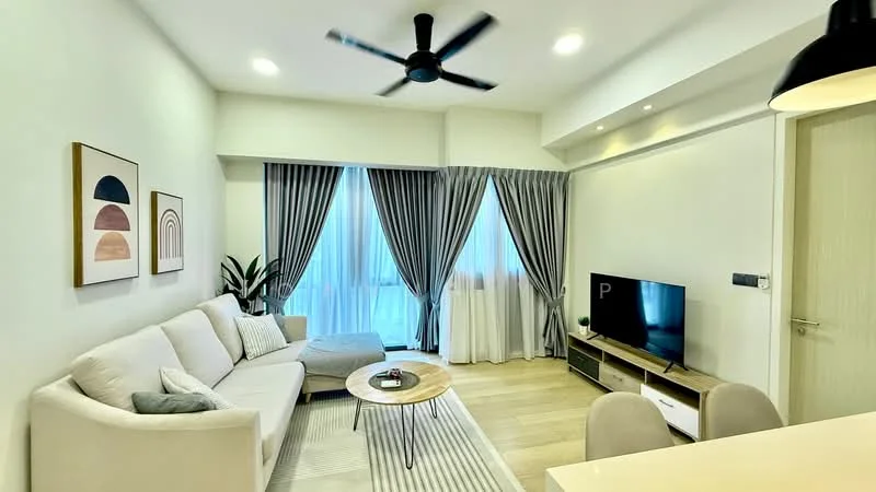 Living features: 3-seater fabric sofa in light beige, accent chair in grey, coffee table with wooden top, TV console in white with wooden accents, wall-mounted TV, floor-to-ceiling windows, sheer curtains, grey patterned area rug, ceiling fan with light, decorative wall art, indoor plant; style: modern; view: city.