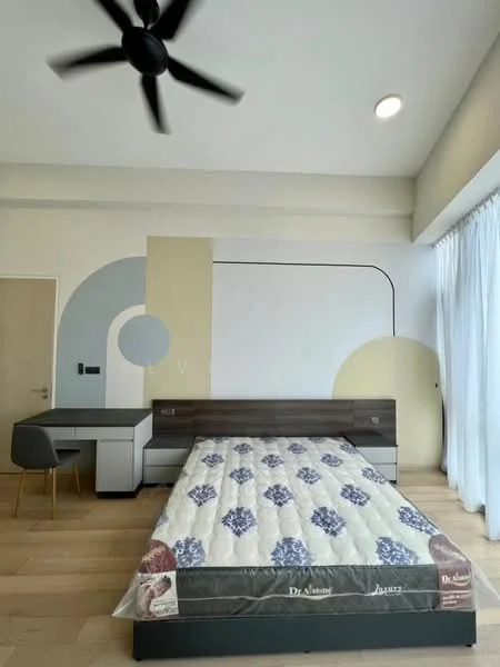 Bedroom features: king-size bed, upholstered headboard, bedding with floral pattern, wooden flooring, ceiling fan with light, desk with chair, decorative wall with abstract design, floor-to-ceiling windows with sheer curtains; style: modern.