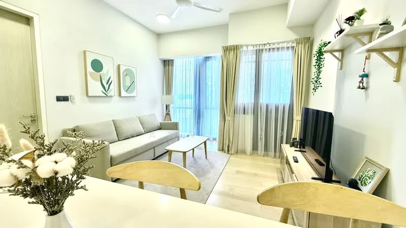 Living features: light grey fabric sofa, wooden coffee table, TV console, wall-mounted TV, floor-to-ceiling windows, sheer curtains, wooden shelving unit, decorative plants, area rug with neutral tones, 5-blade ceiling fan with light, framed artwork on walls, light wooden flooring; style: modern; view: garden.