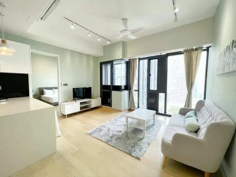 Living features: light wood flooring, white painted walls, 5-blade ceiling fan with light, sofa in light grey fabric, coffee table in white, area rug in grey, TV console, floor-to-ceiling windows, sheer curtains, city view; style: modern; view: city. Room features: white cabinetry, stainless-steel sink, built-in kitchen appliances, open layout.
