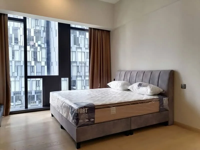 Bedroom features: queen-size bed with upholstered headboard, floor-to-ceiling windows, sheer curtains, wooden flooring, light-colored painted walls, decorative wall paneling, nightstand, bedside lamps; style: modern; view: city.