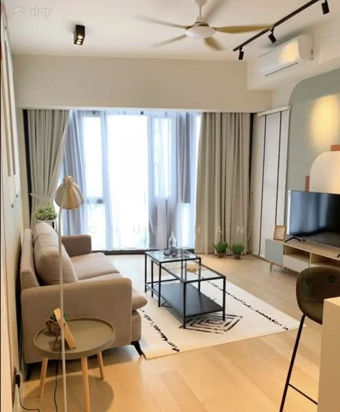Living features: 3-seater fabric sofa in light beige, coffee table with glass top, area rug with geometric pattern, wall-mounted TV, TV console, floor-to-ceiling windows, sheer curtains, ceiling fan, recessed downlights, light wood flooring, decorative wall art, potted plant, side table with lamp; style: modern; view: city.