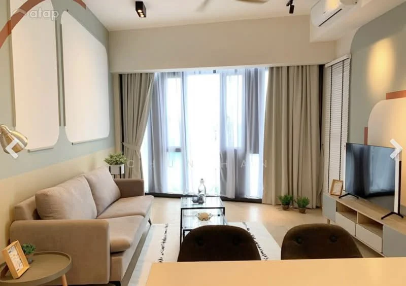 Living features: 3-seater fabric sofa in beige, glass coffee table, wall-mounted TV, TV console with storage, floor-to-ceiling windows, sheer curtains, light wood flooring, recessed downlights, ceiling fan, decorative plants, area rug with geometric pattern, wall art, built-in shelving unit; style: modern.