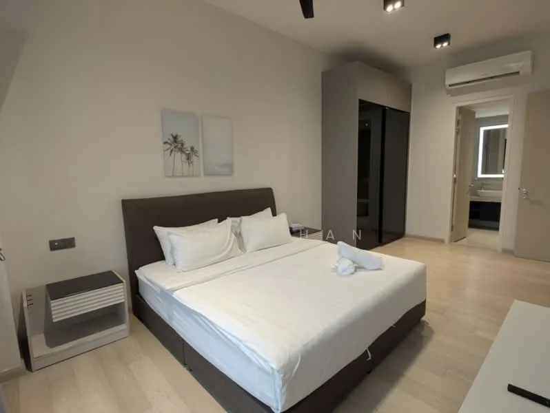 Bedroom features: king-size bed with white bedding, upholstered headboard, nightstand with drawer, built-in wardrobe with sliding doors, wall-mounted air conditioning unit, recessed ceiling lights, light wood flooring, neutral painted walls, decorative wall art with palm trees, full-length mirror in bathroom door; style: modern.