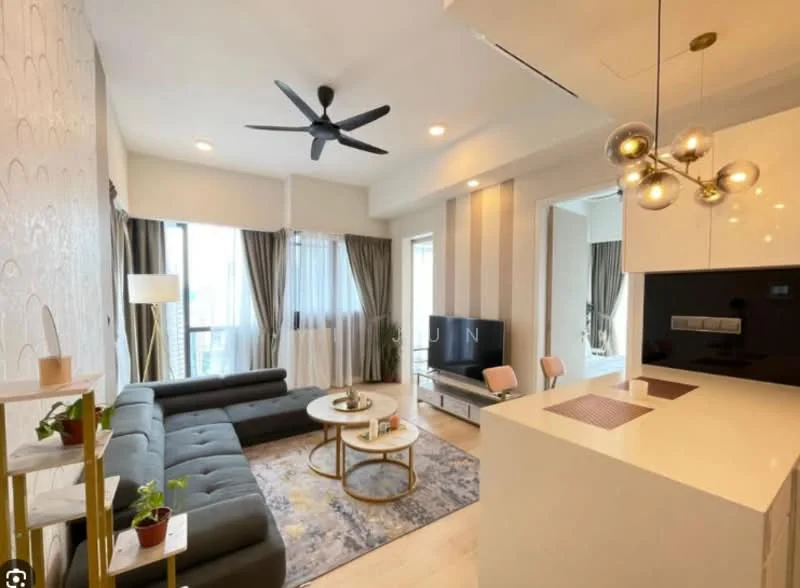 Living features: 3-seater fabric sofa in grey, round coffee table with gold accents, area rug with geometric pattern, wall-mounted TV, TV console, 5-blade ceiling fan with light, large windows with sheer curtains, decorative wall with textured finish, potted houseplants, pendant light fixture, light wood flooring; style: modern; view: city. Kitchen features: white cabinetry, black countertop, stainless-steel sink, chrome faucet, built-in appliances, bar seating with two stools; style: modern.