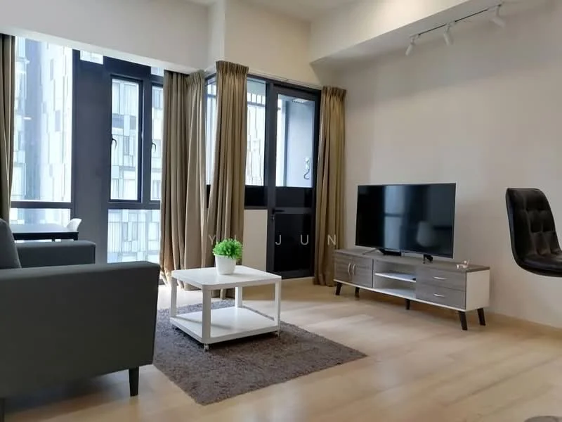 Living features: grey fabric sofa, white coffee table, TV console with storage, wall-mounted TV, area rug, floor-to-ceiling windows, sheer curtains, wooden flooring, recessed downlights; style: modern; view: city.