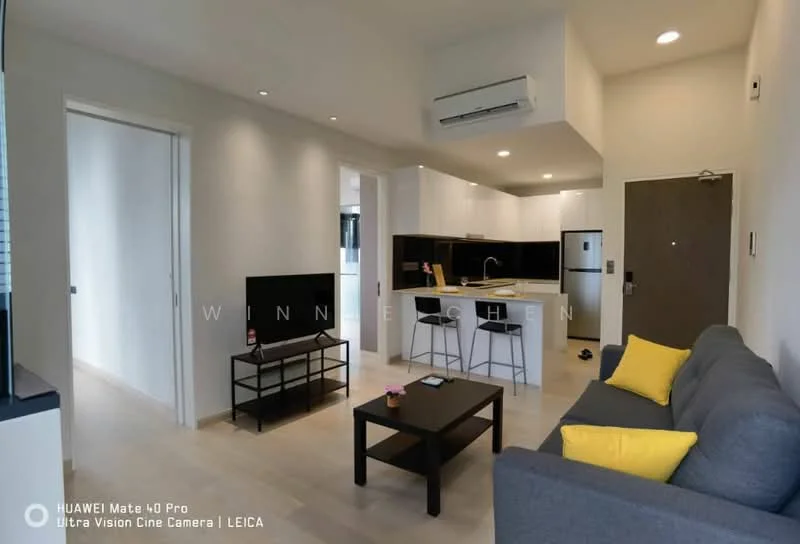 Living features: grey fabric sofa, black coffee table, wall-mounted TV, light wood flooring, recessed downlights, 1 wall-mounted split AC, decorative yellow cushions, open layout to kitchen, large windows with natural light; style: modern. Kitchen features: white cabinetry, black countertop, stainless-steel sink, built-in oven, freestanding range oven, refrigerator, open shelving, pendant lighting, tile backsplash; style: modern.