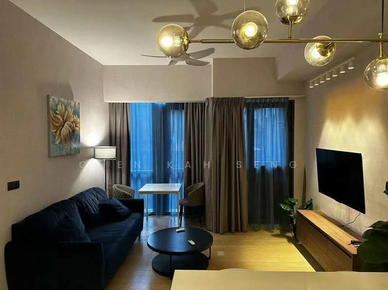 Living features: 3-seater fabric sofa in navy blue, round black coffee table, wall-mounted TV, wooden TV console, floor lamp, ceiling fan with light, large windows with sheer curtains, wooden flooring, decorative wall art with floral design, potted plant; style: modern; view: city.