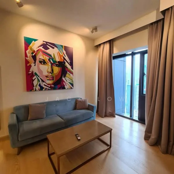 Living features: blue fabric sofa, wood coffee table, framed artwork on wall, floor-to-ceiling windows, sheer curtains, light wood flooring, recessed lighting, decorative wall with modern art; style: modern; view: city.