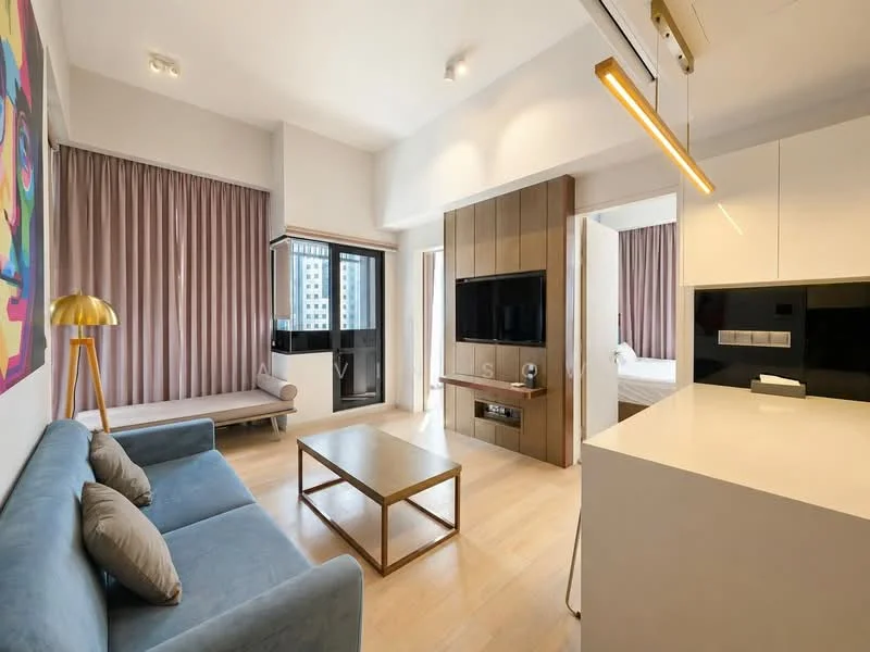 Living features: blue fabric sofa, coffee table with wooden legs, wall-mounted TV, TV console, floor-to-ceiling windows, sheer curtains, wood panel accent wall, recessed downlights, pendant light, laminate flooring, decorative artwork on wall, air conditioning unit; style: modern; view: city. Room features: light-colored walls, open layout, dining area adjacent to living room.