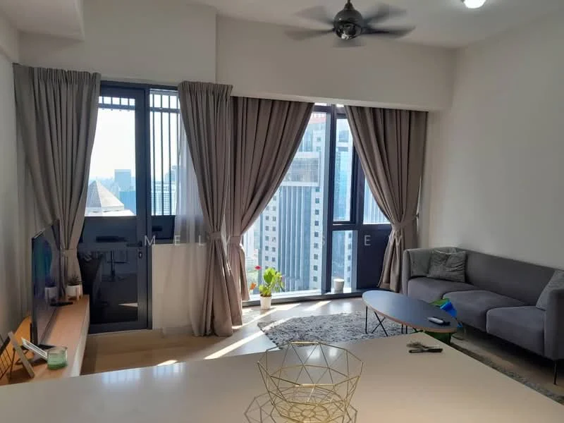 Living features: grey fabric sofa, round coffee table, TV console, wall-mounted TV, floor-to-ceiling windows, sheer curtains, blackout curtains, ceiling fan, decorative plants, area rug, light-colored walls, wooden flooring; style: modern; view: city.