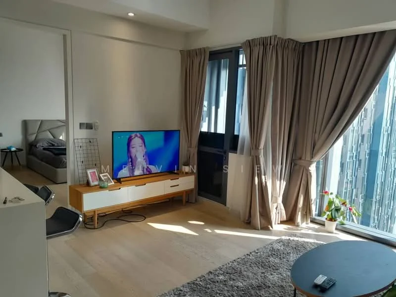 Living features: light wood flooring, floor-to-ceiling windows, sheer curtains, TV console with storage, wall-mounted TV, area rug with geometric pattern, decorative plants, sofa with cushions, coffee table; style: modern; view: city. Room features: grey upholstered bed, framed artwork, nightstand, table lamp.