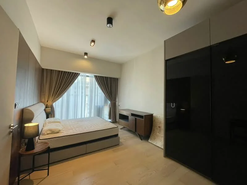 Bedroom features: queen-size bed, upholstered headboard, bedside table, black wardrobe, wooden flooring, floor-to-ceiling windows, sheer curtains, recessed downlights, wall-mounted lighting, decorative wall paneling; style: modern.