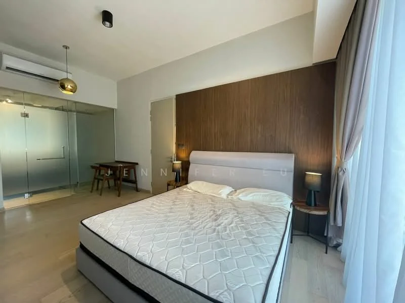 Bedroom features: king-size bed, upholstered headboard, wood accent wall, two bedside lamps, floor-to-ceiling windows, sheer curtains, light wood flooring, ceiling-mounted air conditioning unit, small dining table with two chairs, recessed lighting; style: modern.