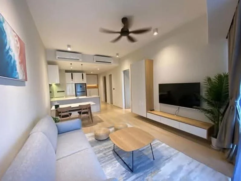 Living features: light grey fabric sofa, wooden coffee table, area rug with geometric pattern, wall-mounted TV, TV console with storage, 5-blade ceiling fan with light, 2 wall-mounted split AC units, large window with curtains, decorative plant in corner, dining table with 4 chairs visible in background, open-plan layout to kitchen, light wood flooring, neutral painted walls; style: modern.