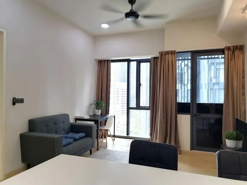 Living features: 3-seater fabric sofa in grey, ceiling fan, floor-to-ceiling windows, sheer curtains, wooden flooring, decorative plant in ceramic pot, small dining table with chairs, area rug; style: modern; view: city.