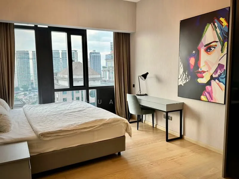 Bedroom features: king-size bed with white bedding, floor-to-ceiling windows, city skyline view, wooden flooring, desk with chair, framed artwork on wall, curtains, nightstand; style: modern; view: city.