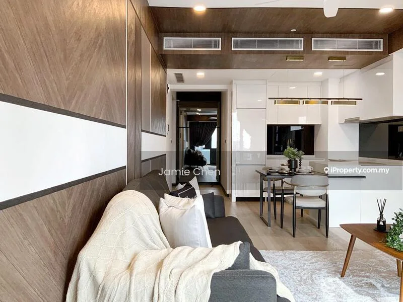 Living features: grey fabric sofa, white throw blanket, wood panel accent wall, white painted walls, recessed ceiling lights, dining table with four chairs, black dining chairs, pendant light fixture, floor-to-ceiling windows, light-colored flooring, decorative plant on table, wall-mounted TV, open-plan layout; style: modern.