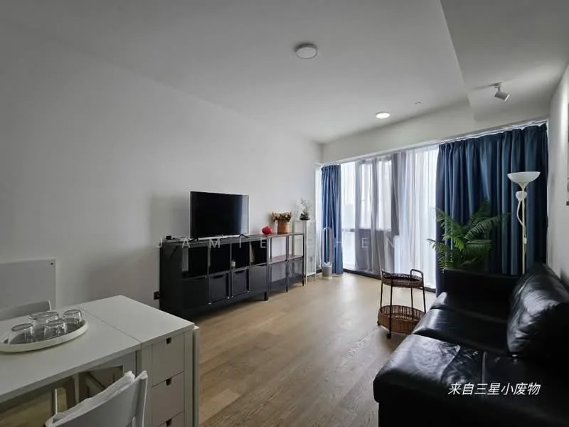Living features: black leather sofa, TV console, wall-mounted TV, floor-to-ceiling windows, sheer curtains, wooden flooring, decorative plant, area rug, coffee table, recessed ceiling lights; style: modern; view: city.