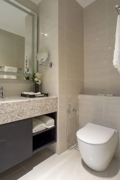 Bathroom features: single-sink vanity with stone countertop, mirror above vanity, wall-mounted faucet, one-piece toilet, towel rack, grey tiled walls, light-colored flooring, built-in storage under sink, decorative plant, wall-mounted mirror; style: modern.