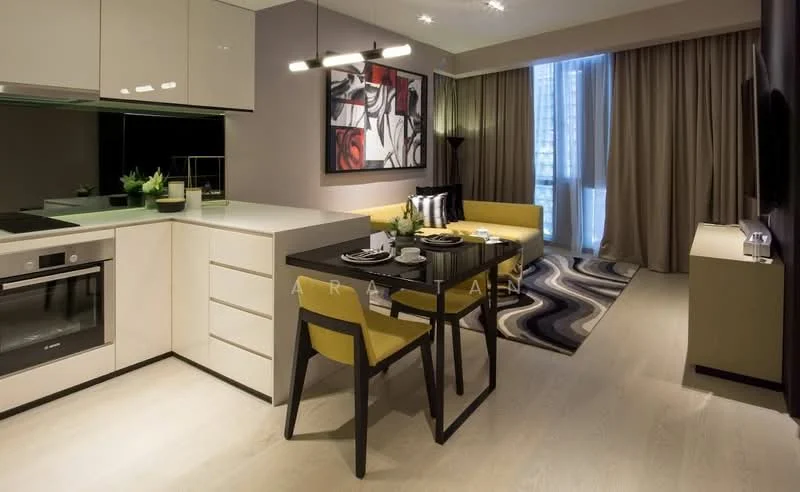 Kitchen features: white cabinetry, black countertop, built-in oven, stainless-steel fridge, induction cooktop, single-bowl stainless-steel sink, chrome pull-down faucet, open shelving; style: modern. Living features: yellow sofa, black coffee table, area rug with abstract pattern, wall-mounted TV, decorative artwork on wall, curtains, recessed downlights; style: modern.