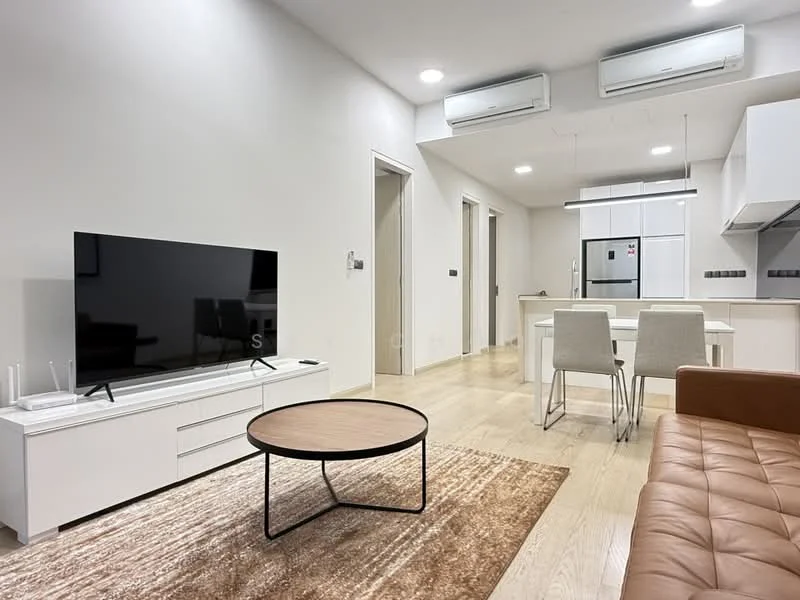 Living features: light wood flooring, white painted walls, recessed downlights, wall-mounted TV, TV console in white, brown leather sofa, round coffee table with wooden top, air conditioning unit, open layout to dining area; style: modern. Dining features: white dining table, 4 dining chairs, air conditioning unit, open layout to living area; style: modern.