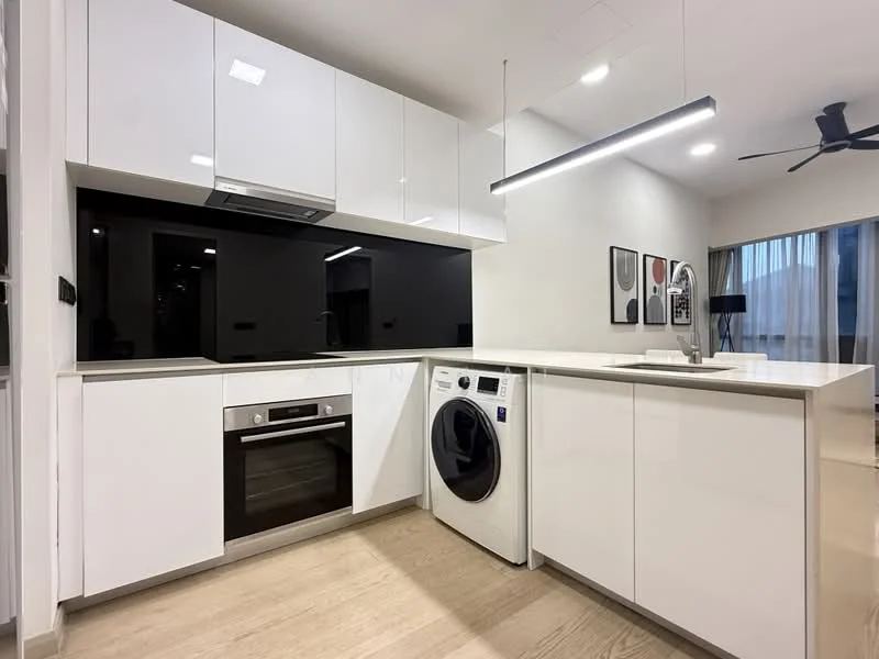 Kitchen features: white flat-panel cabinets, black glass backsplash, stainless-steel built-in oven, stainless-steel range hood, stainless-steel sink, chrome pull-down faucet, white countertop, front-load washing machine, recessed LED downlights, 5-blade ceiling fan, wooden flooring, open layout; style: modern.