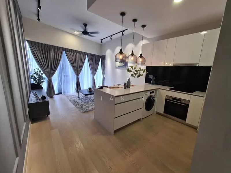 Kitchen features: white cabinetry, black countertop, stainless-steel built-in oven, stainless-steel dishwasher, single-bowl stainless-steel sink, chrome pull-down faucet, 3 pendant lights, recessed downlights, washing machine, wooden flooring, floor-to-ceiling windows with sheer curtains, area rug, plant in ceramic pot; style: modern; view: city.