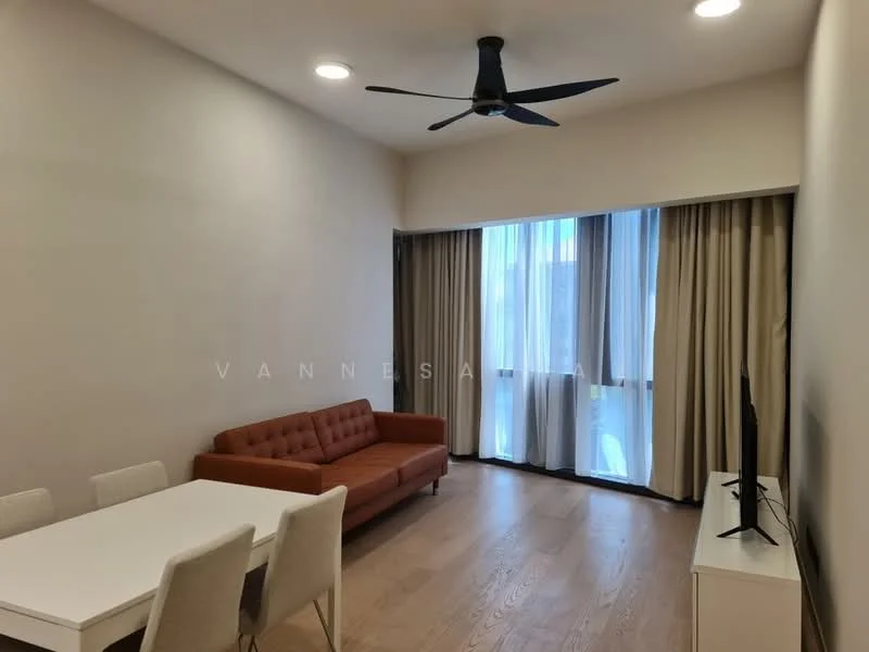 Living features: 3-seater fabric sofa in orange, white dining table, 4 upholstered dining chairs, floor-to-ceiling windows, sheer curtains, dropped ceiling, recessed downlights, light wooden flooring, wall-mounted TV, ceiling fan with 5 blades; style: modern.