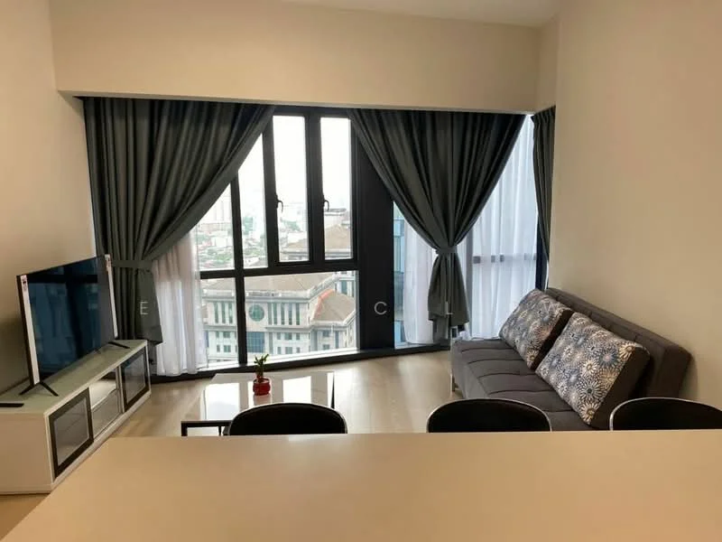 Living features: grey fabric sofa, decorative cushions, wall-mounted TV, TV console with storage, floor-to-ceiling windows, sheer curtains, blackout curtains, light-colored flooring, indoor plant on table, open layout to kitchen, neutral wall color; style: modern; view: city.