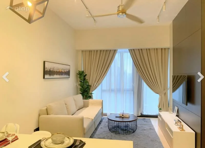 Living features: 3-seater fabric sofa in light beige, coffee table with black metal frame, area rug in grey, wall-mounted TV, white TV console, floor-to-ceiling windows, sheer curtains, decorative plant in ceramic pot, recessed downlights, ceiling fan with light, framed artwork on wall; style: modern.