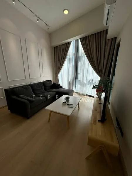 Living features: grey fabric sofa, wood coffee table, light wooden flooring, floor-to-ceiling windows, sheer curtains, draped curtains, wall-mounted TV, decorative plant, wall paneling, recessed ceiling lights, air conditioning unit; style: modern.