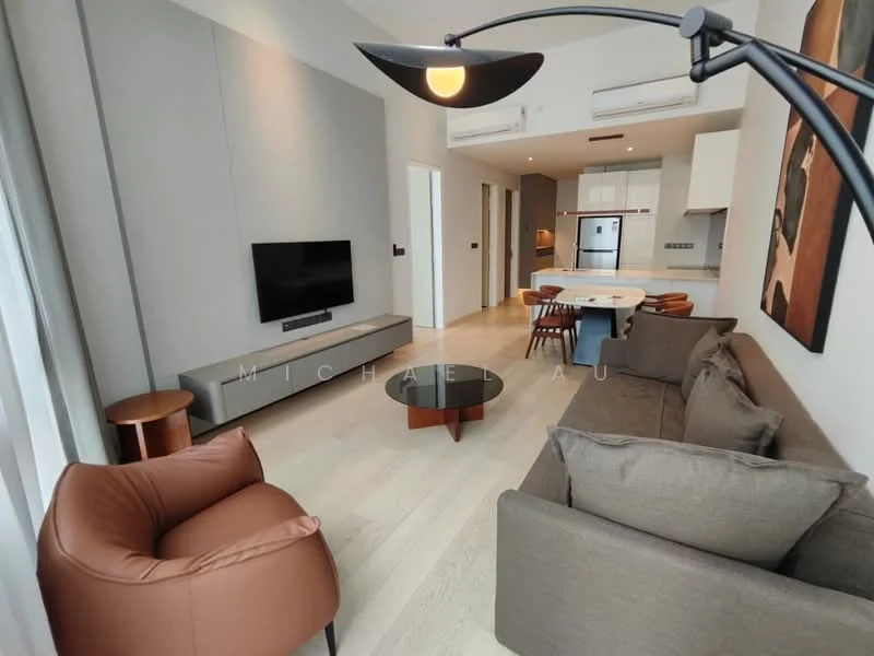 Living features: light wood flooring, grey fabric sofa, brown leather armchair, round coffee table, wall-mounted TV, recessed downlights, large windows with sheer curtains, open-plan layout to kitchen-dining area, decorative artwork on wall, air conditioning unit; style: modern. Kitchen features: stainless-steel refrigerator, built-in oven, freestanding range oven, white cabinetry, kitchen island with seating, marble countertop, pendant lighting, open shelving; style: modern.