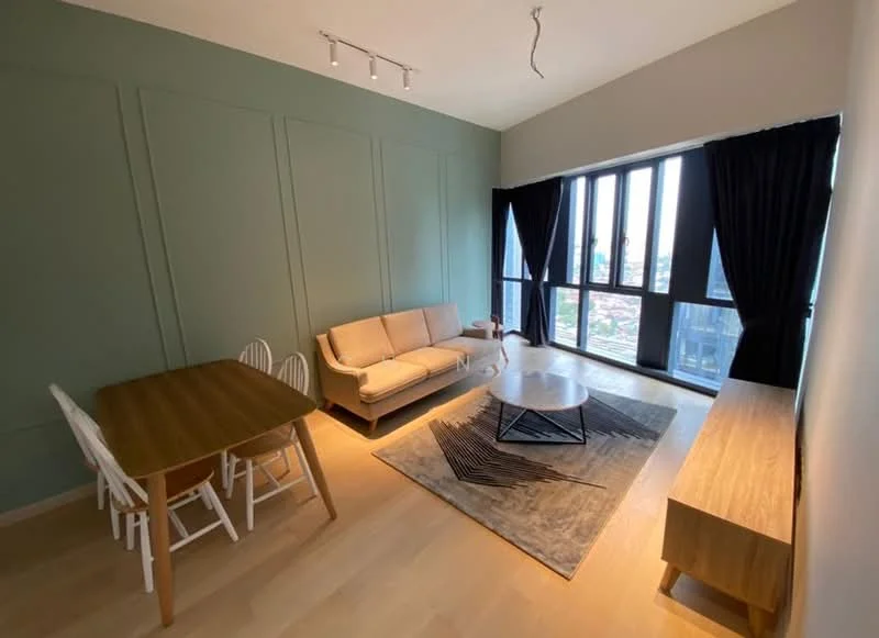 Living features: light wood flooring, green painted accent wall, floor-to-ceiling windows, blackout curtains, 3-seater fabric sofa in beige, coffee table with geometric design, area rug with abstract pattern, dining table for 4 in light wood, white wooden dining chairs, TV console in light wood; style: modern; view: city.