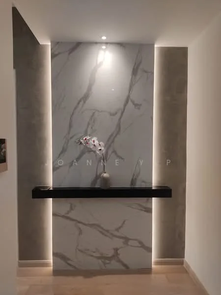 Room features: marble wall with grey veining, black countertop, recessed LED lighting, decorative vase with flowers, smooth plastered walls, light-colored flooring, minimalist design; style: modern.