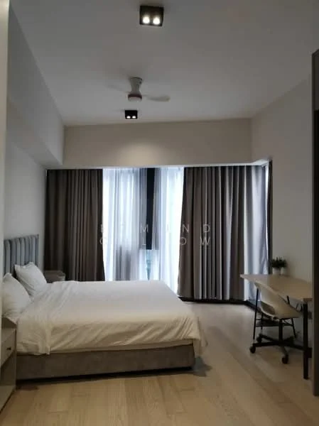 Bedroom features: king-size bed with upholstered headboard, 2 bedside tables, desk with chair, floor-to-ceiling windows, sheer curtains, blackout curtains, 5-blade ceiling fan, wooden flooring, decorative plant on desk, recessed ceiling lights; style: modern.