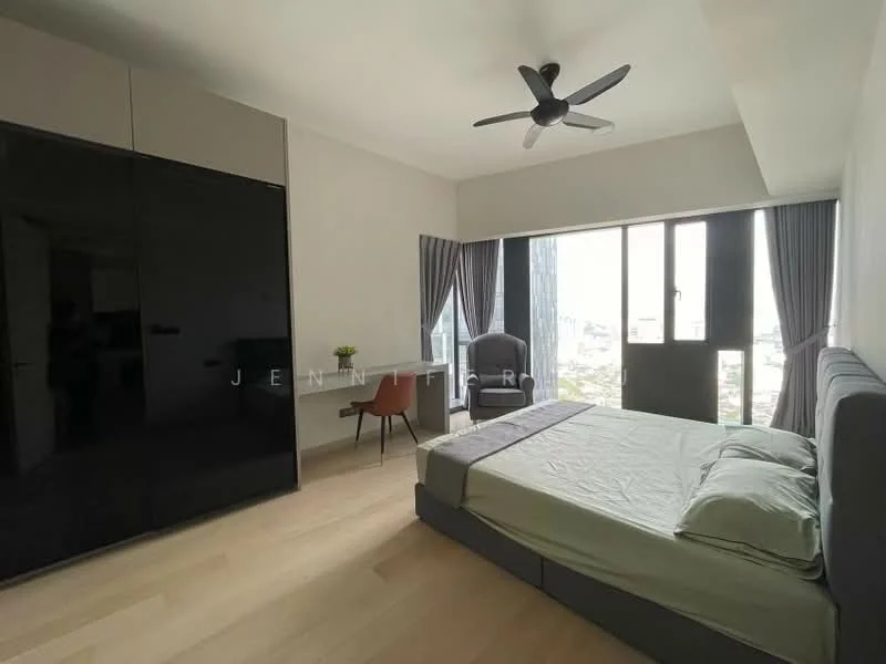 Bedroom features: king-size bed, upholstered headboard, bedside table, floor-to-ceiling windows, city view, grey bedding, light wood flooring, 5-blade ceiling fan, black wardrobe, curtains, study desk, chair; style: modern; view: city.