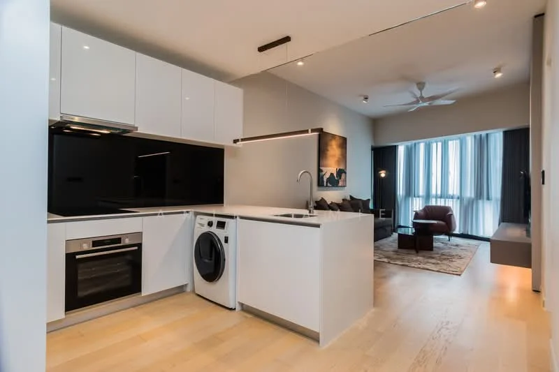 Kitchen features: white flat-panel cabinets, black glass backsplash, stainless-steel built-in oven, stainless-steel range hood, 4-burner gas hob, single-bowl stainless-steel sink, chrome pull-down faucet, white countertop, front-load washing machine, recessed downlights, wooden flooring; style: modern. Living features: sofa in dark brown, area rug, coffee table, floor-to-ceiling windows, curtains, ceiling fan, wall-mounted TV, wooden flooring; style: modern; view: city.