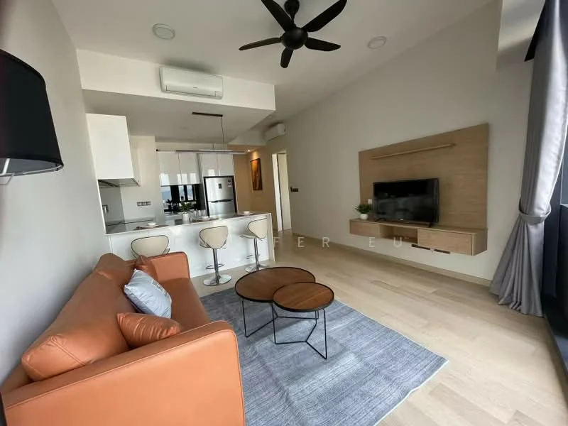 Living features: 3-seater leather sofa in orange, 2 round coffee tables, area rug with geometric pattern, wall-mounted TV, wooden TV console, ceiling fan with light, recessed downlights, floor-to-ceiling windows with sheer curtains, light-colored wooden flooring, open-plan layout to kitchen; style: modern. Kitchen features: white cabinetry, stainless-steel fridge, built-in oven, freestanding range oven, kitchen island with seating, quartz countertop, pendant lighting above island; style: modern.