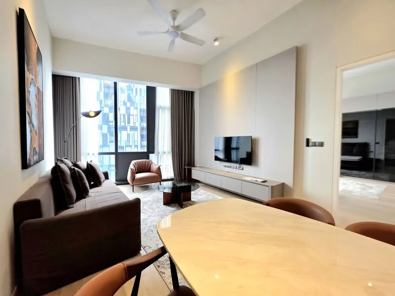 Living features: 3-seater fabric sofa in brown, 2 accent chairs in brown, coffee table with round top, wall-mounted TV, TV console in light grey, area rug with geometric pattern, floor-to-ceiling windows, curtains in grey, ceiling fan with light, recessed downlights, decorative wall art, wooden flooring; style: modern; view: city. Dining features: round dining table with marble top, 4 dining chairs in brown, decorative centerpiece, wall-mounted mirror, open layout to living area; style: modern.
